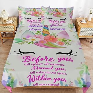 Unicorn Birthday Card Floral 3 Piece Comforter Set Bedding Set with 2 Pillowcases for Bedroom Decor Adults Kids All Season Queen Size (90"x90")