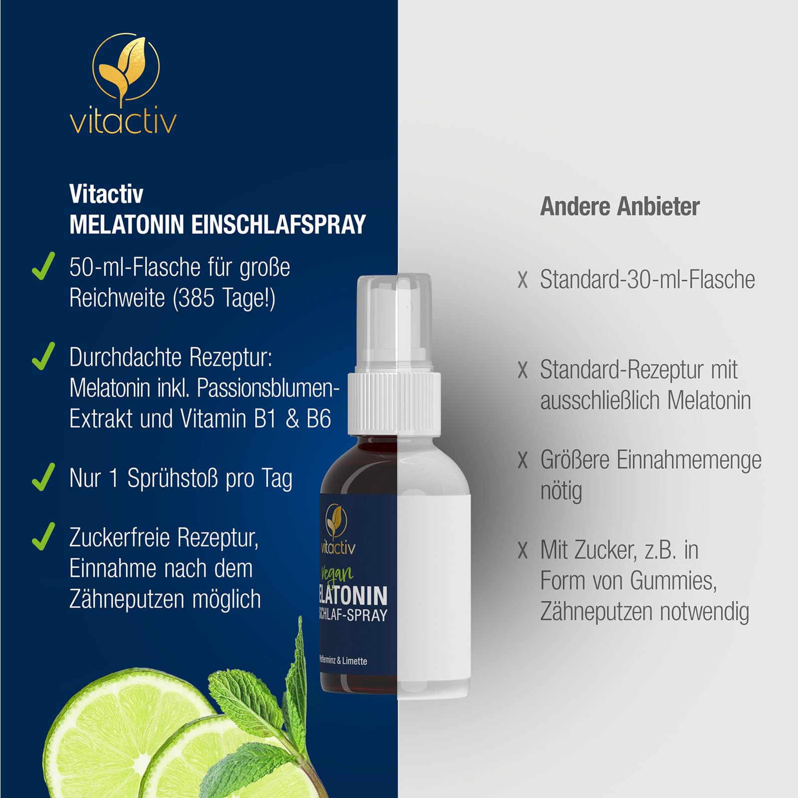 VITACTIV Melatonin Einschlafspray Pfefferminze & Limette 1925 Tage Vorrat Hochdosiert 250ml Sofort-Spray