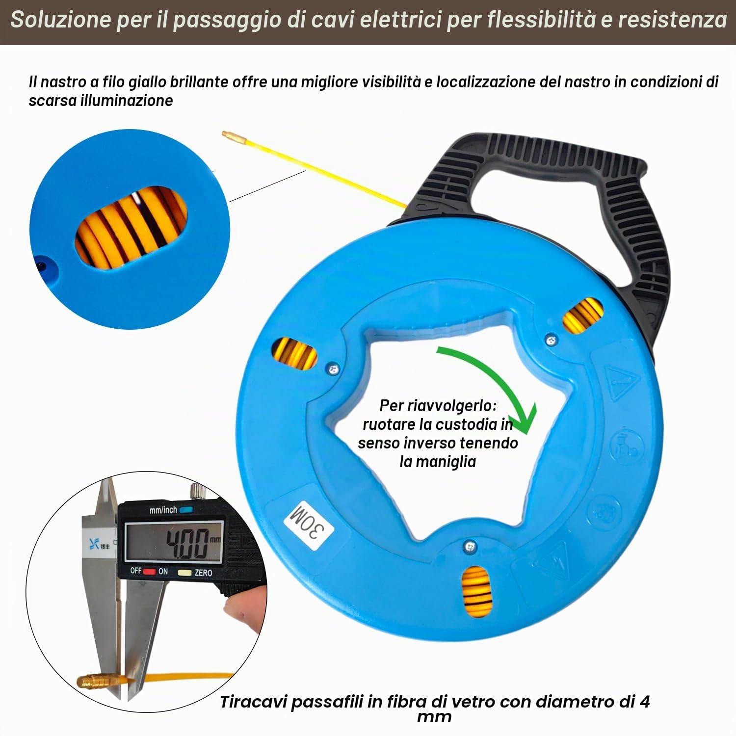 Nastro di ritiro Sonda Passacavi Cavo da 30m Estrattore Cavo in Fibra di Vetro Resistente Alla Flessione 4mm Sonda Tiracavi con 5 Adattatori con Custodia in Plastica e Impugnatura per Cavi Elettrici