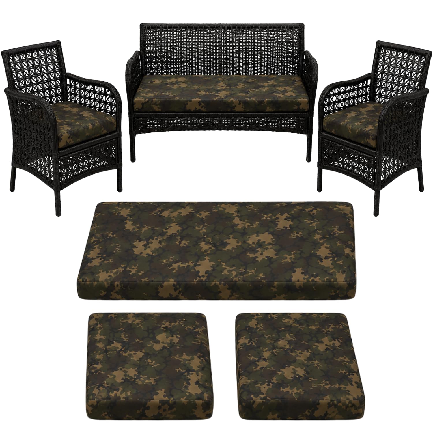 3 Piece Rattan Furniture Replacement Cushion Set, 5 cm Thick High Density Foam Garden Seat Pads, Water-Resistant Outdoor Cushions for 2 Chairs & Sofa, Patio, Balcony and Conservatory - Camouflage