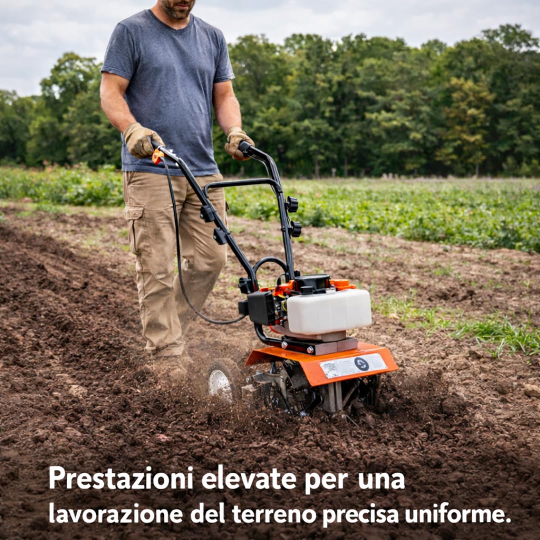 Motozappa a Scoppio 52cc Motocoltivatore 2 Tempi Zappatrice per Giardino Orto Larghezza 300 mm Profondità 150 mm Zappette Acciaio