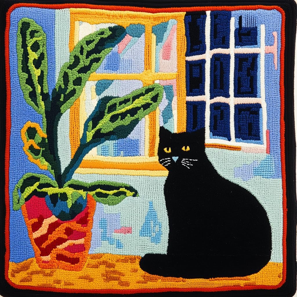 DIY Punch Needle Pillow Kit Cat and Window with Pattern and Hoop Handmade Embroidery Punch Needle Starter Pillowcase Making Set for Home Sofa Decoration 43x43cm-3