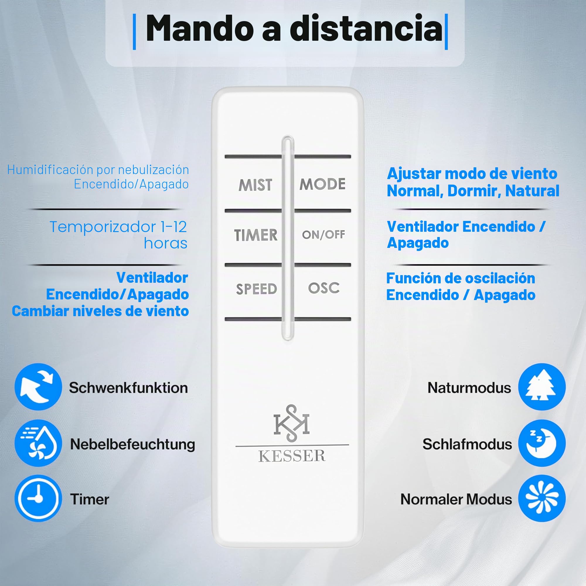 KESSER® Ventilador de pie Frosty con nebulizador de agua ultrasónico, refrigeración por agua, con mando a distancia y función de temporizador, humidificador silencioso, función de niebla, blanco