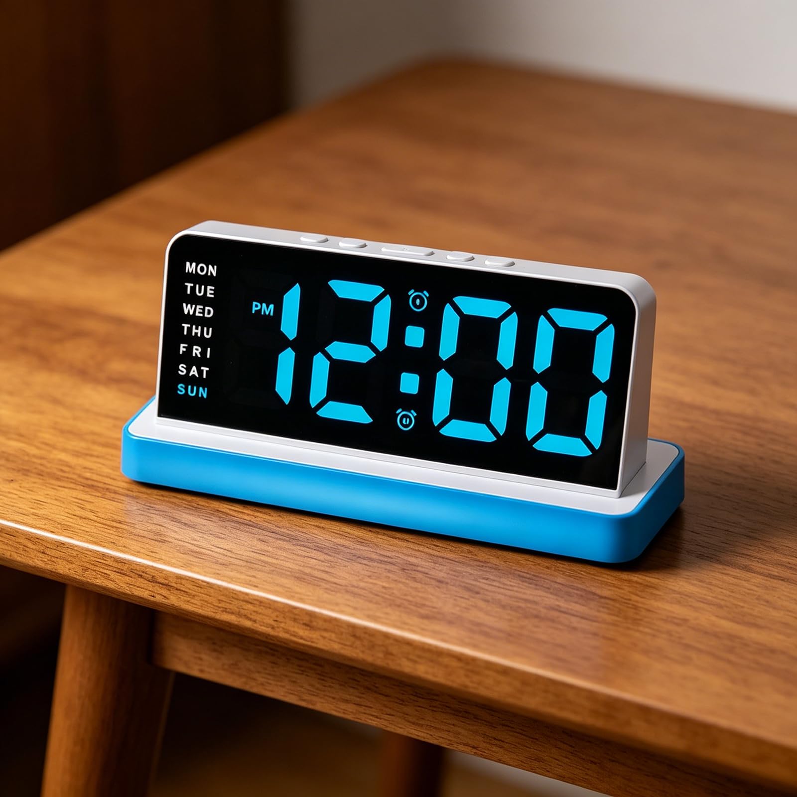 Reloj despertador compacto para escritorio de dormitorio, reloj LED digital con botón fácil con pantalla y luz nocturna para uso doméstico, alarma, luz nocturna LED, pantalla de día laborable,