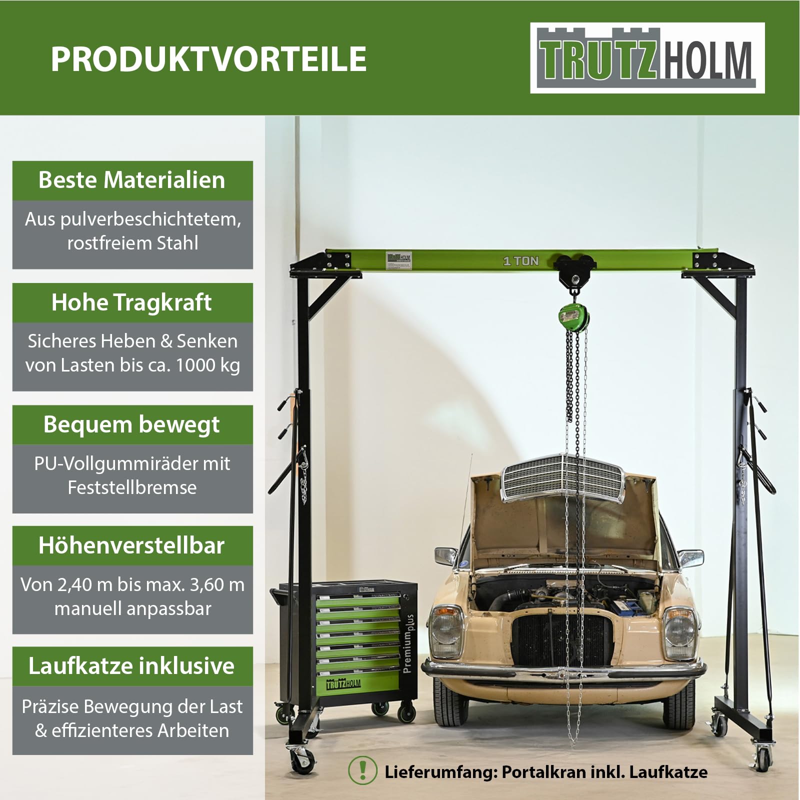TRUTZHOLM Portalkran mit Laufkatze I Tragkraft 1 t I Stahl I Hubhöhe 2400-3600 mm I Durchfahrtsbreite 2400 mm I Mobiler Kran mit 360 Grad Lenkrollen I Brückenkran Portalhubkran für Werkstatt Lager