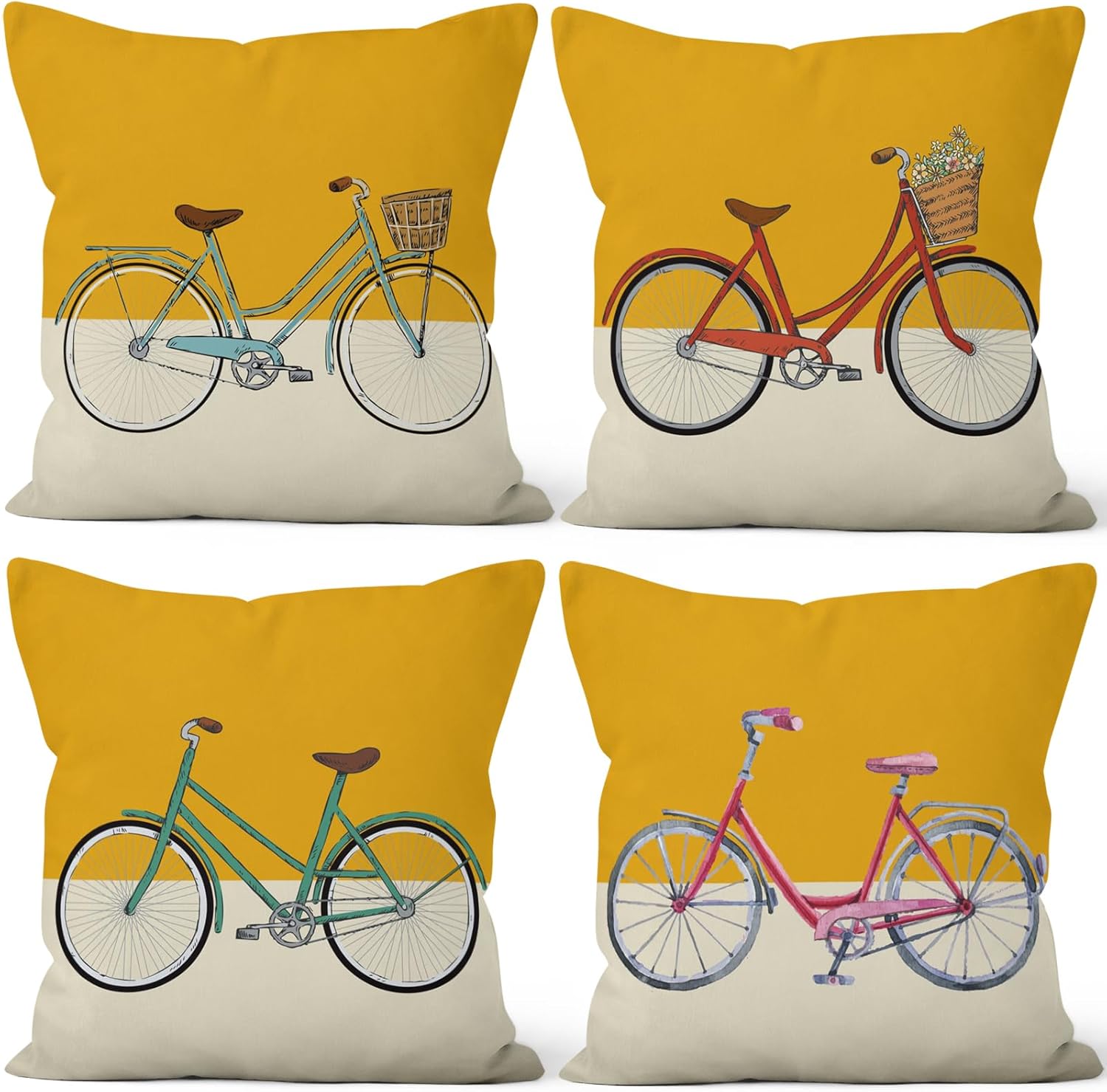 Vintage Bicycle Throw Pillow Covers 24''x24'' Set of 4, Yellow Geometric Cushion Covers Rustic Spring Outdoor Pillow Covers for Couch Sofa Home Bedroom Farmhouse Livingroom Patio Car