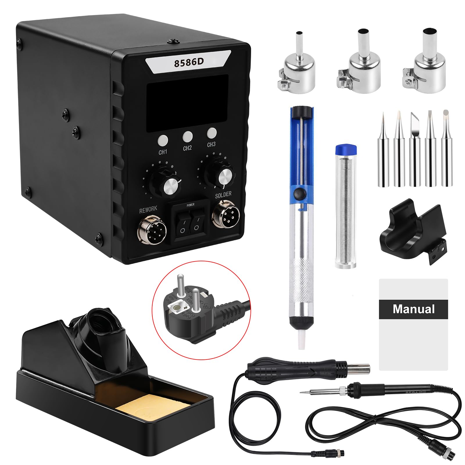 8586D Stazione Saldante, 2 In 1 da 760W Set Stazione di Saldatura, per saldatura e dissaldante SMD con schermo LCD, temperatura regolabile 180 ℃-500 ℃ con 3 ugelli aria per Riparazioni di Elettronica
