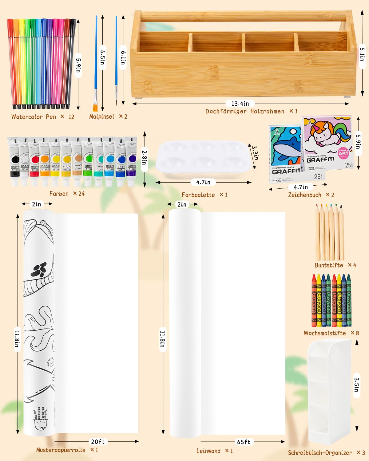 Kinder Staffelei mit Papierrolle – 36-teiliges Malset, Hölzerne Staffelei mit rutschfester Malunterlage, inklusive Malpapier, Pinsel & Farben, geeignet für Kinder ab 3 Jahren
