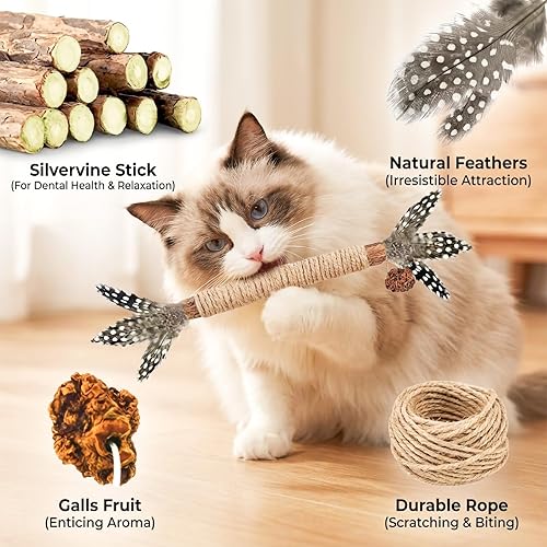 Miniatura 5 de Juguetes para Gatos, Paquete de 3 Juguetes de Pluma de Gato Silvervine Palito Masticable para Gatitos Golosina de Hierba Gatera para Limpiar Dientes
