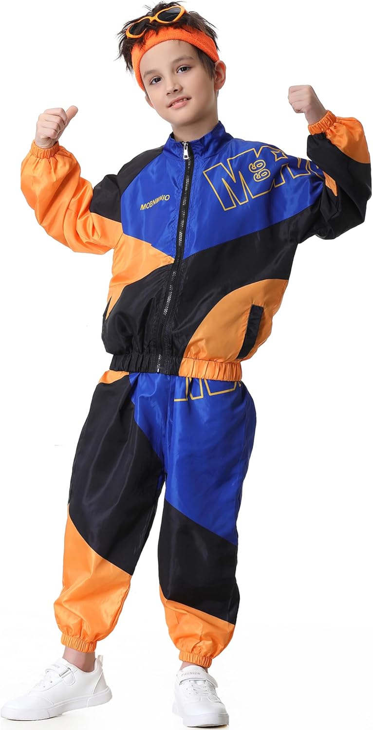 80s Outfit for Kids, Retro 90s Tracksuit Boys Girls Hip Hop Dance Clothes Unisex Patchwork Jacket Pants Sportswear - Image 5