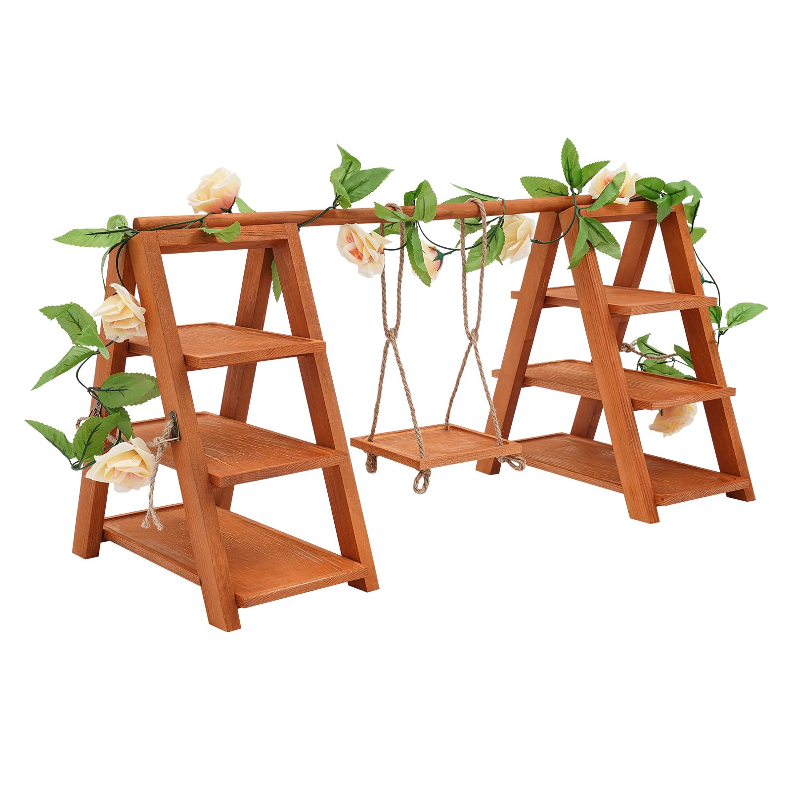 Soporte de madera para cupcakes de 3 niveles, para postres, tartas, aperitivos, con columpio y decoración de flores, escalera plegable para servir cumpleaños, fiestas de té, bodas y decoración
