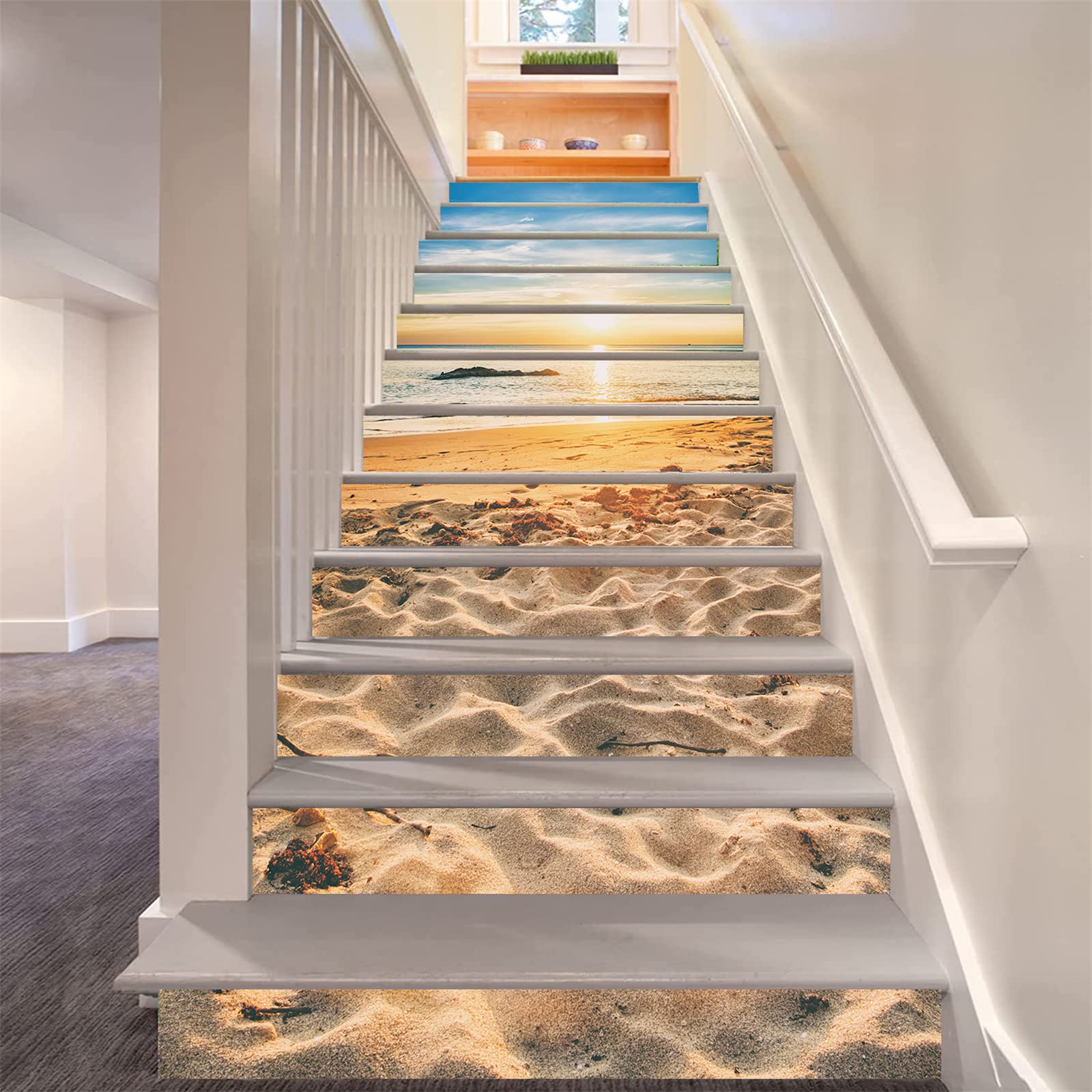 FLFK 13Pcs Staircase Sticker Peel and Sick 39.37"x7.08",Self-Adhesive Stair Risers Stickers Decals,Morning Sunrise Ocean Beach Mural Wallpaper for Stair Steps
