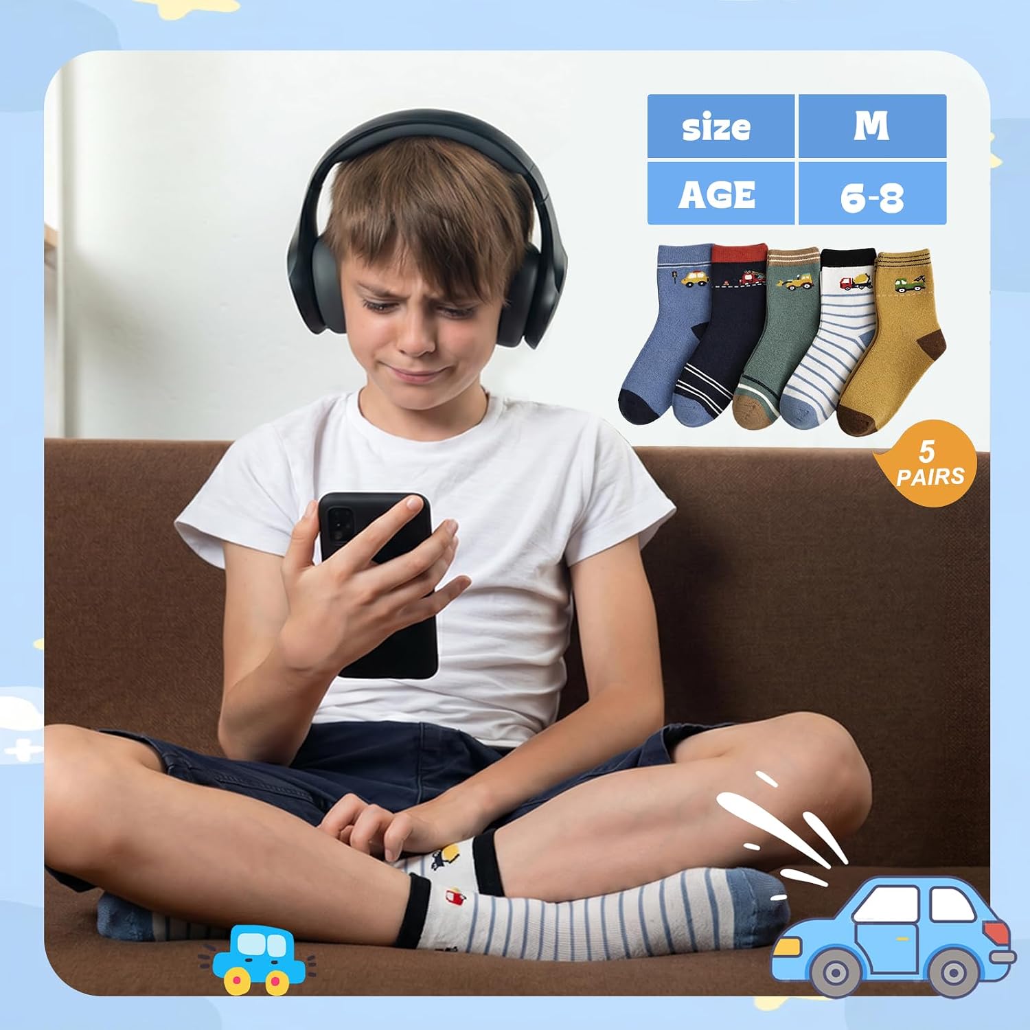 5 Pair Kids Boys Funny Cotton Crew Socks Cartoon Space Cars Socks | Toddler Novelty Crew Socks for 6-8 Years Old Kids Birthday Gifts