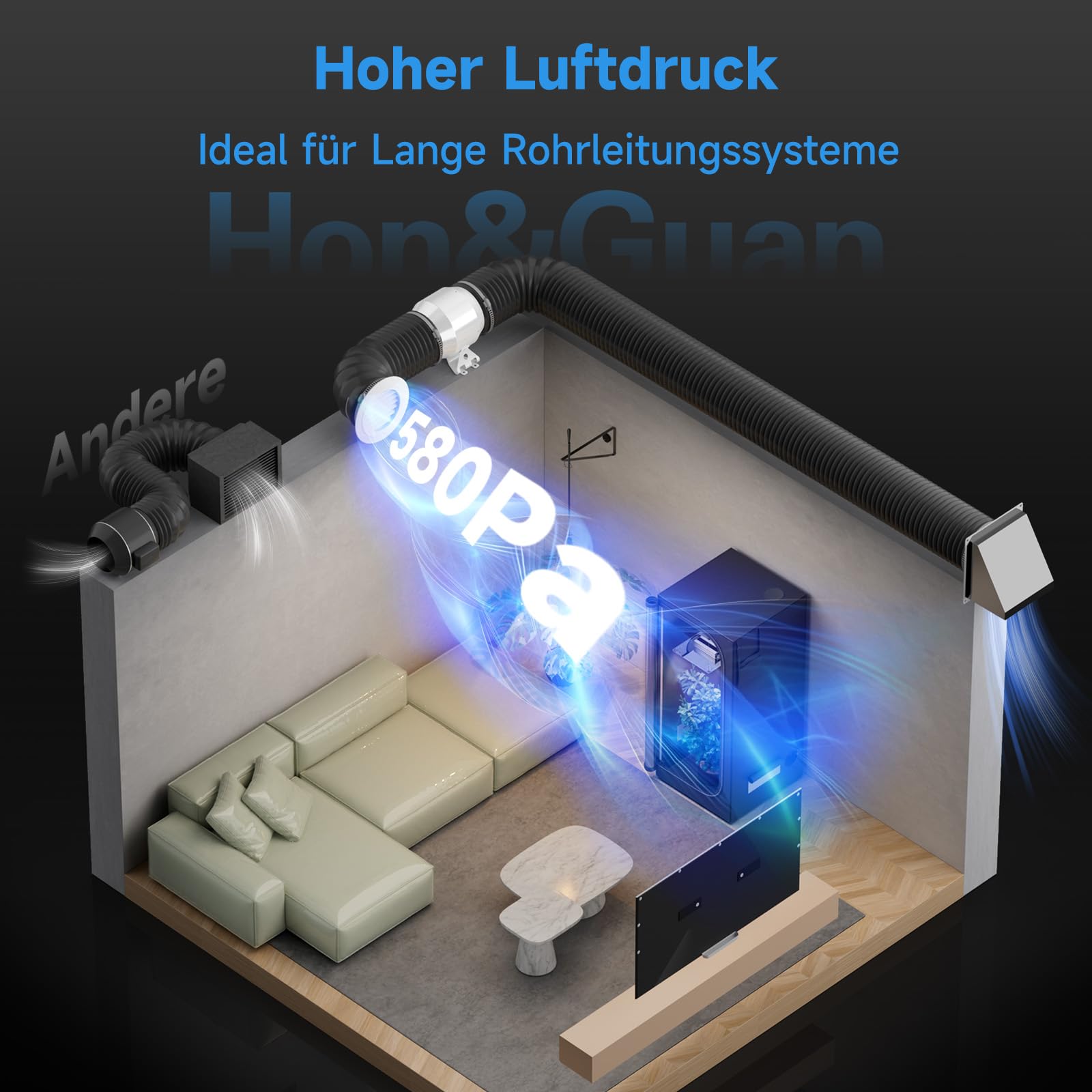 Hon&Guan HI-PE - Set di aria super volume, 360 m³/h, 100 mm, con regolatore di velocità, filtro ai carboni attivi, tubo di scarico in gomma, ventola di ventilazione avanzata per motore EC