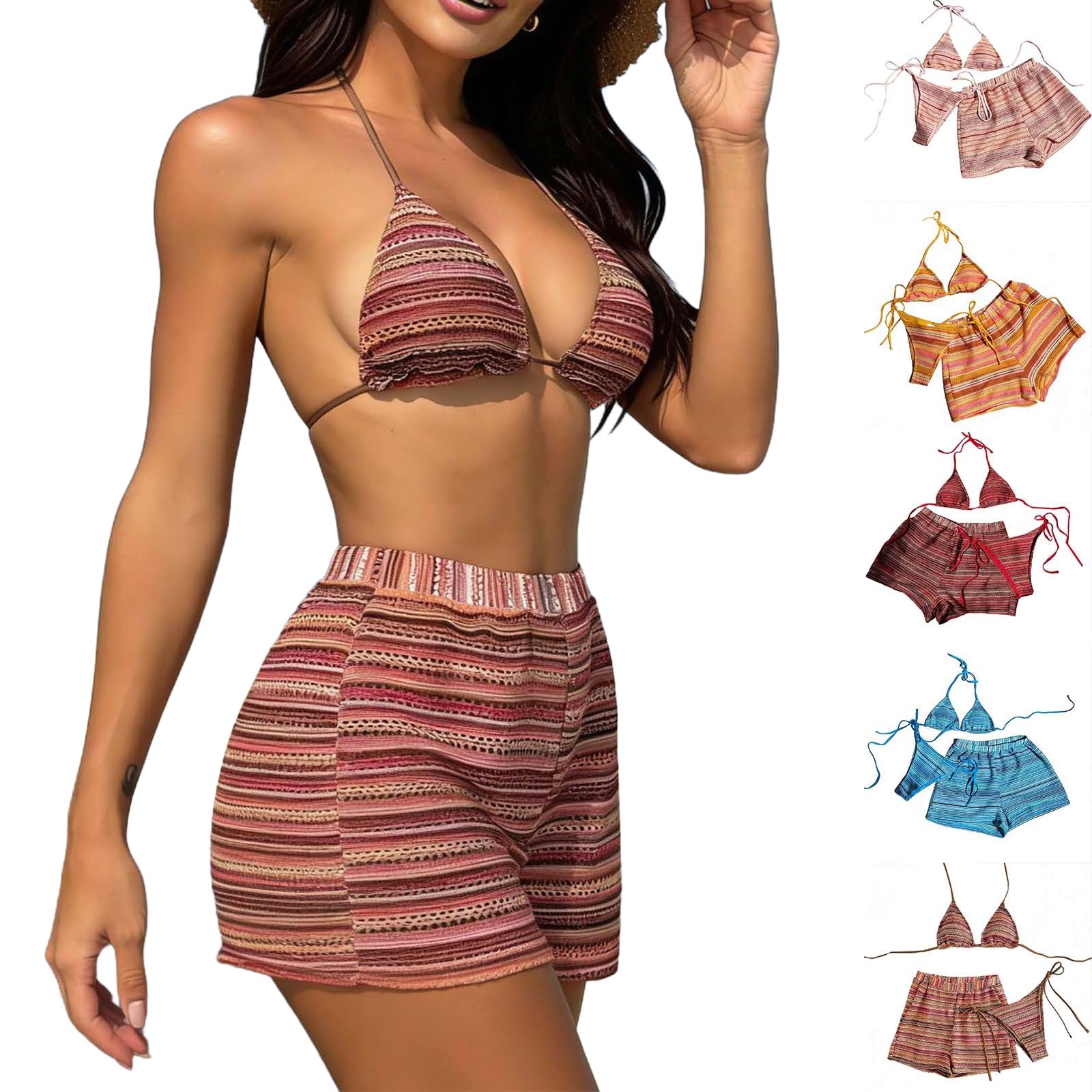 Zestaw bikini damski trzyczęściowy strój kąpielowy z wyściółką na szyi dopasowana sylwetka kolor kontrastowy design wakacje plaża letni styl