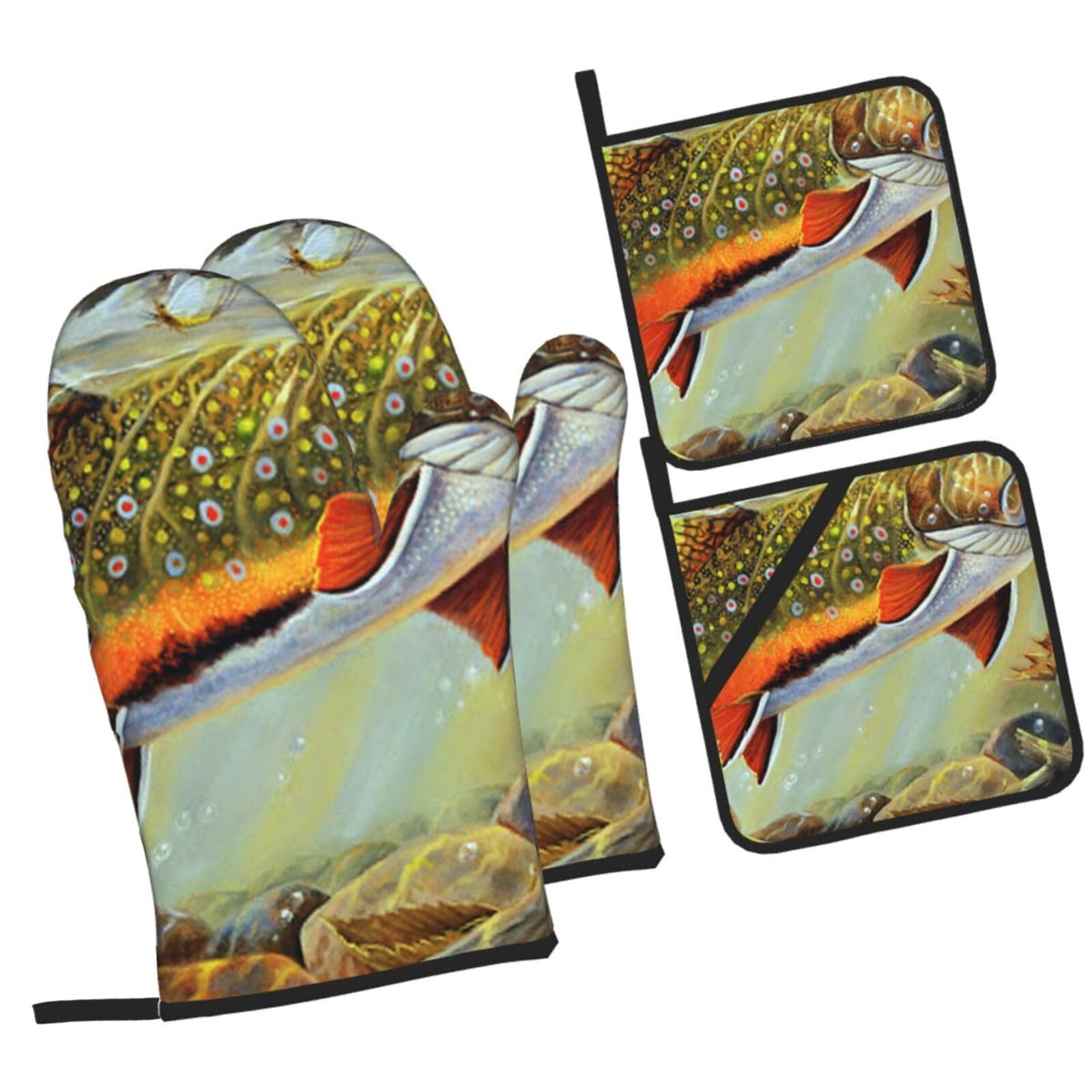 Brook Trout-Fly Fishing Printed Oven Mitts and Pot Holders Heat Resistant Set of 4 Pcs, Modern Kitchen Gloves & Potholders for Cooking Baking Grilling