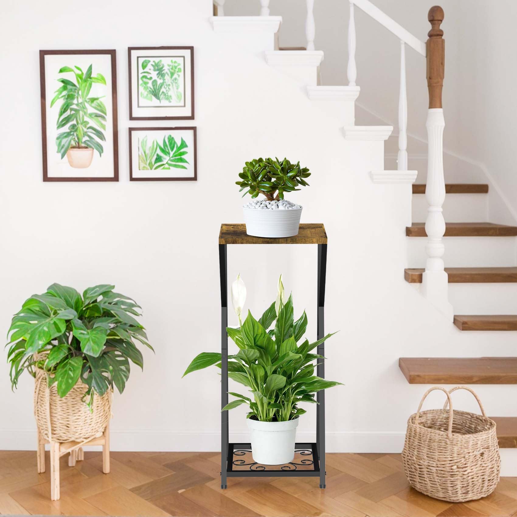 Soporte Plantas Interior de Metal Madera, Estanteria para Plantas de 2 Niveles, Pedestal Maceteros Decorativo Moderno para Sala de Estar, Terraza, Esquina, Balcón, Jardín