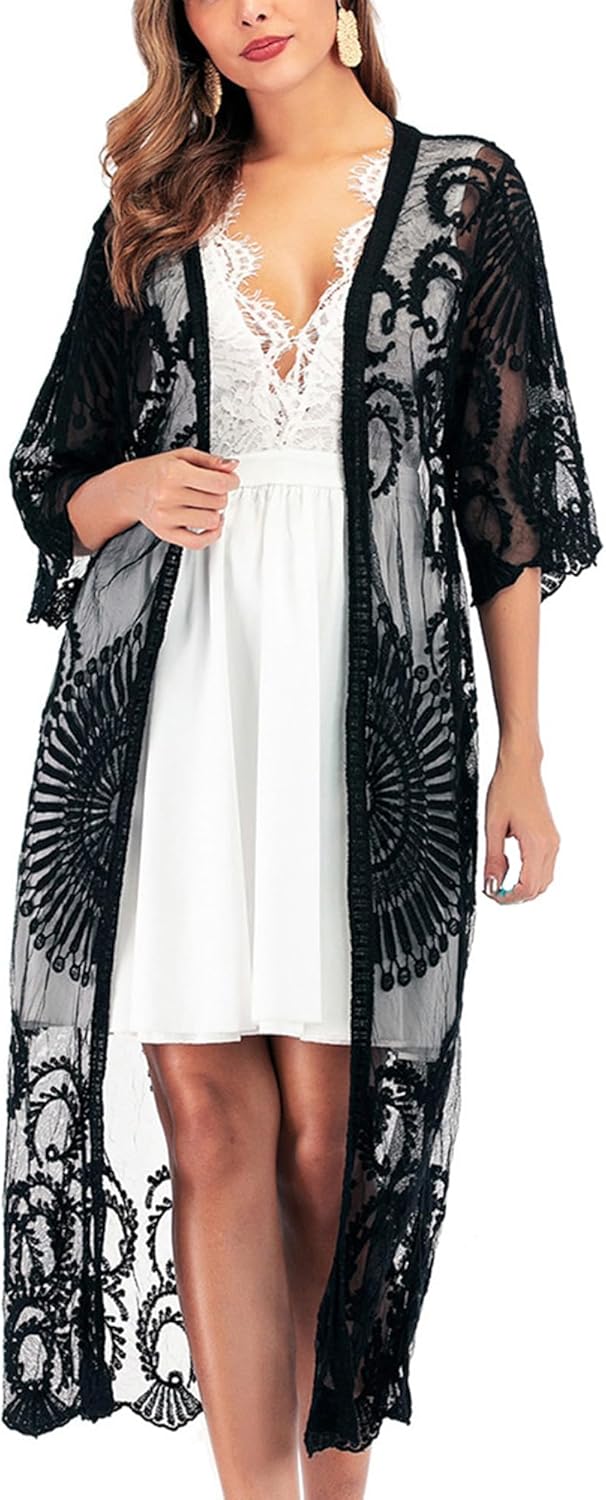 FaroDor Women Flowy Bathing Suit Kimono Cardigan Lace Crochet Swimwear Beach Cover Ups