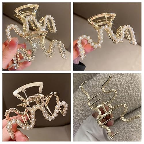 Miniatura 3 de Pinzas para el Cabello con Diamantes de Imitación, Textention Pinzas de Garra con Perlas de 3.4 Pulgadas para Cabello Grueso, Sujetadores de