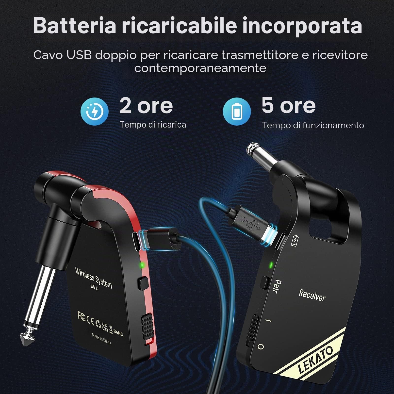 LEKATO Ssystem per chitarra wireless aggiornato 2,4 GHz Audio digitale per chitarra Trasmettitore wireless Ricevitore Batteria al litio ricaricabile incorporata Cavo wireless