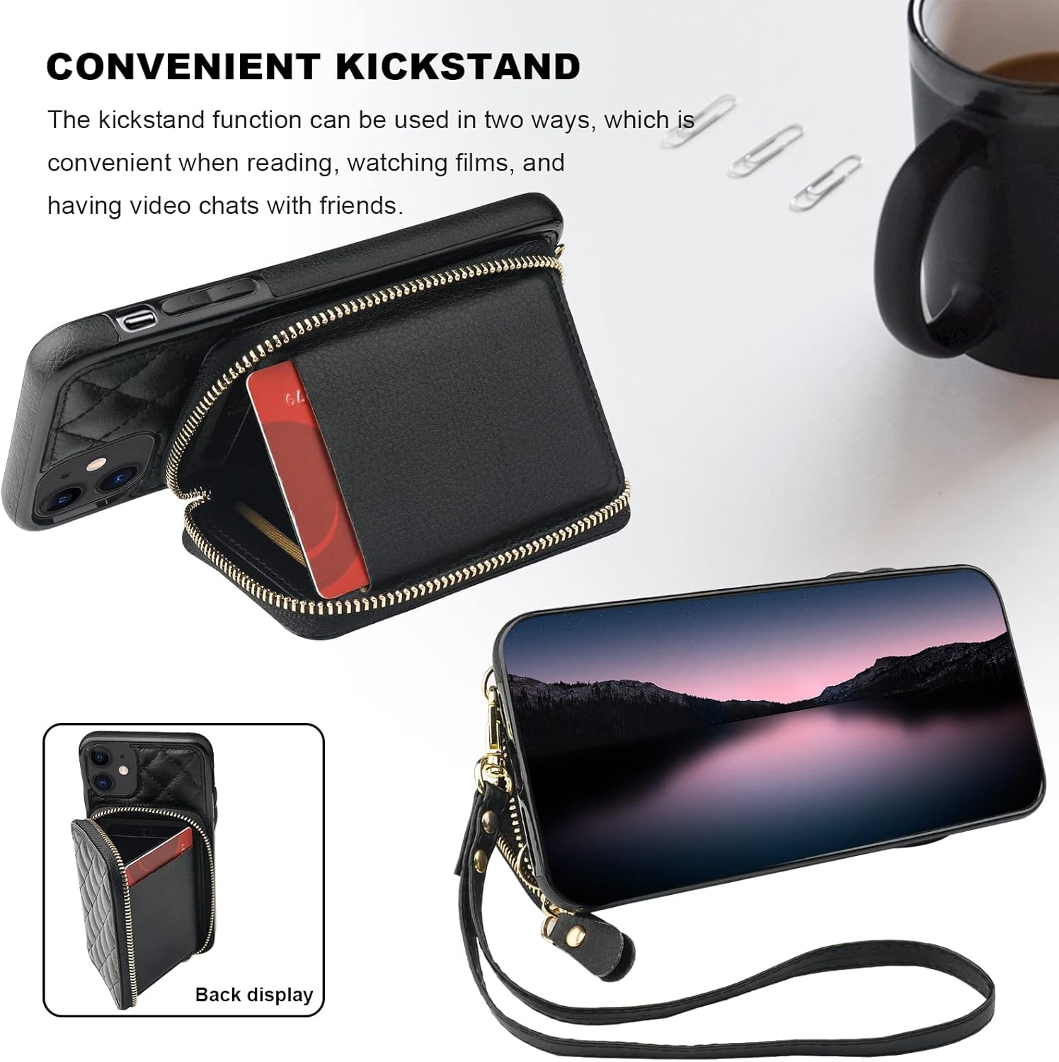 Bocasal Crossbody Wallet Case for iPhone 11, RFID Blocking PU Leather Zipper Handbag Purse Flip Cover, Kickstand Folio Case with Card Slots Holder Wrist Strap Lanyard 6.1 Inch (Black) - Image 5