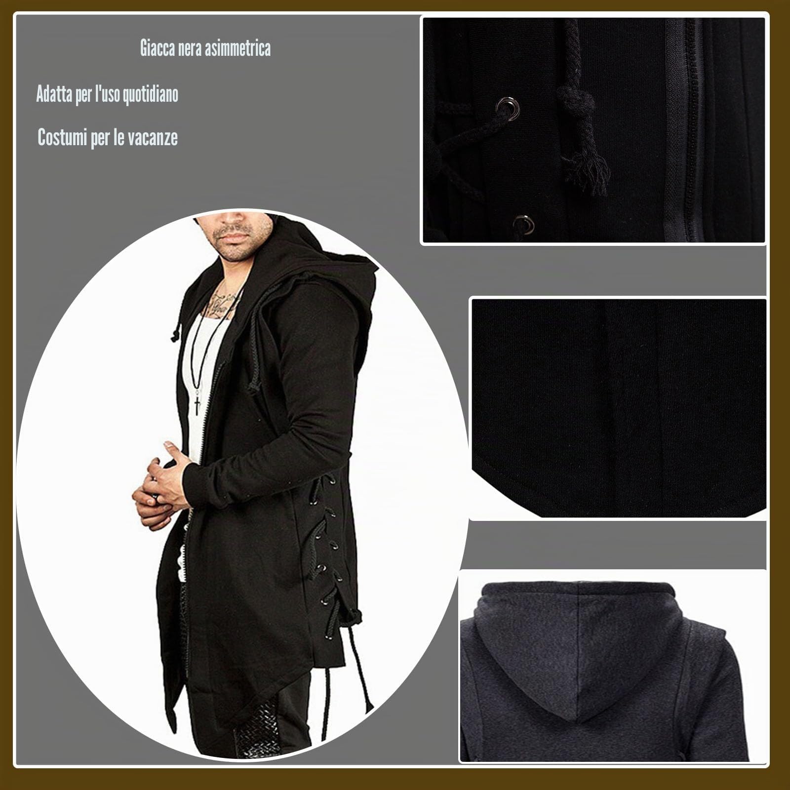 JMSUN Uomini Assassin Robe Felpe con cappuccio Gotico Asimmetrico Cerniera Laterale Lace Up Pile Giacca con Cappuccio