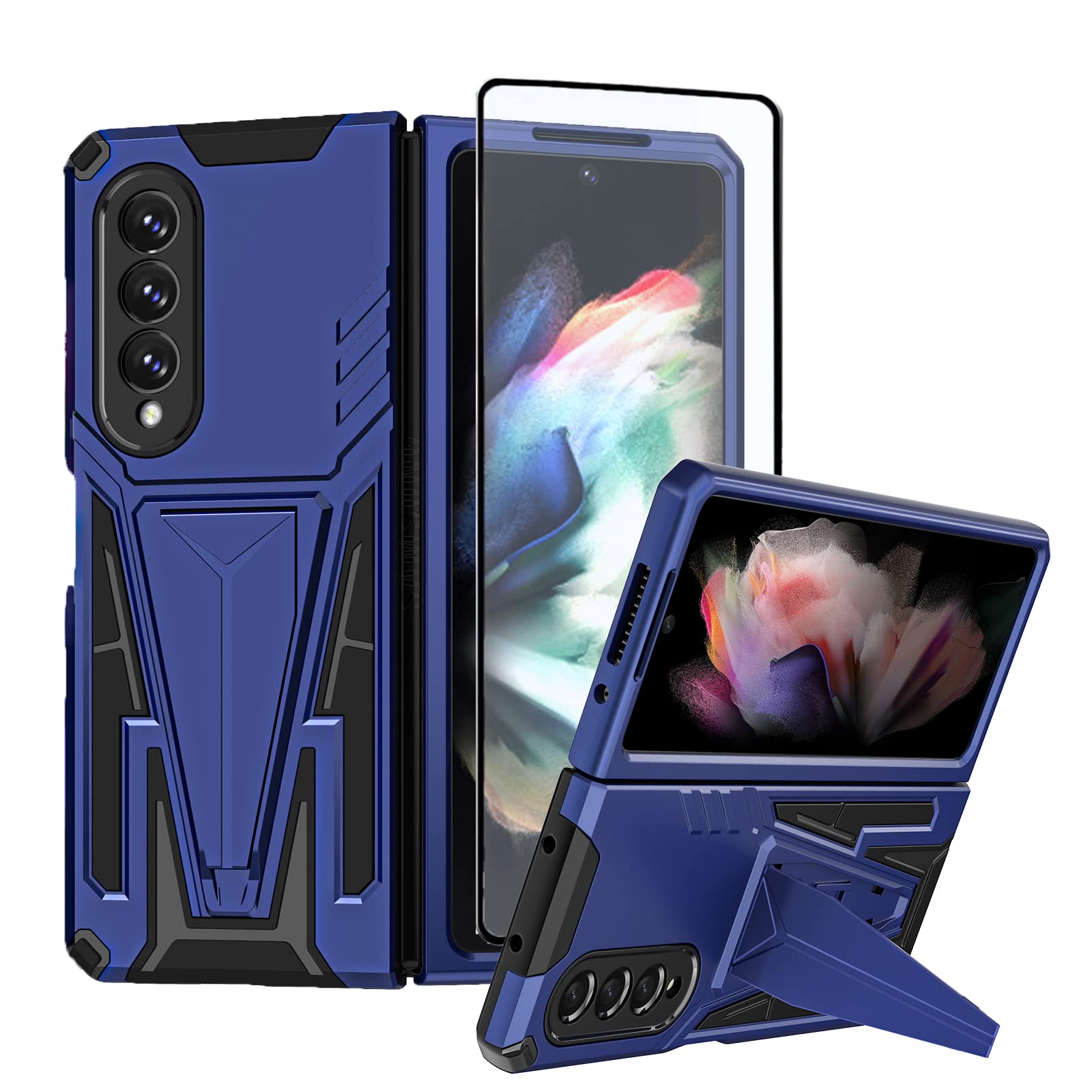Fasser Case Samsung Galaxy Z Fold 3 5G 2021 with Screen Protector, Heavy Duty Armor Cover with Multi Function Kickstand, Shockproof Durable (PC+TPU Cover Shell (Blue)