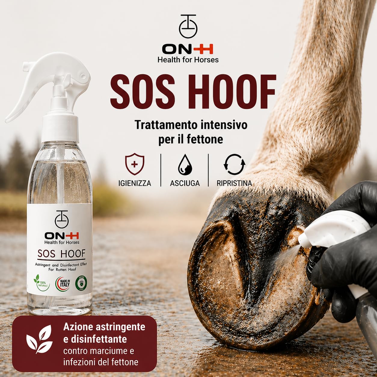 ON-H SOS Hoof Soluzione per Zoccoli Cavalli 200 ml | Igienizzante per Zoccoli Cavallo | Aiuta a Contrastare Marcimento e Impurità | Protezione Suola e Muraglia | Ideale per uso quotidiano in Scuderia