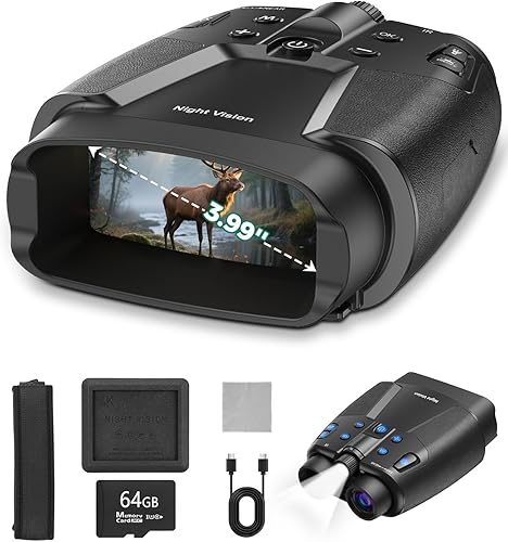 Gafas de visión nocturna para adultos, pantalla HD de 3.99 pulgadas y recargable de 10000 mAh, prismáticos de visión nocturna 4K con tarjeta de 64