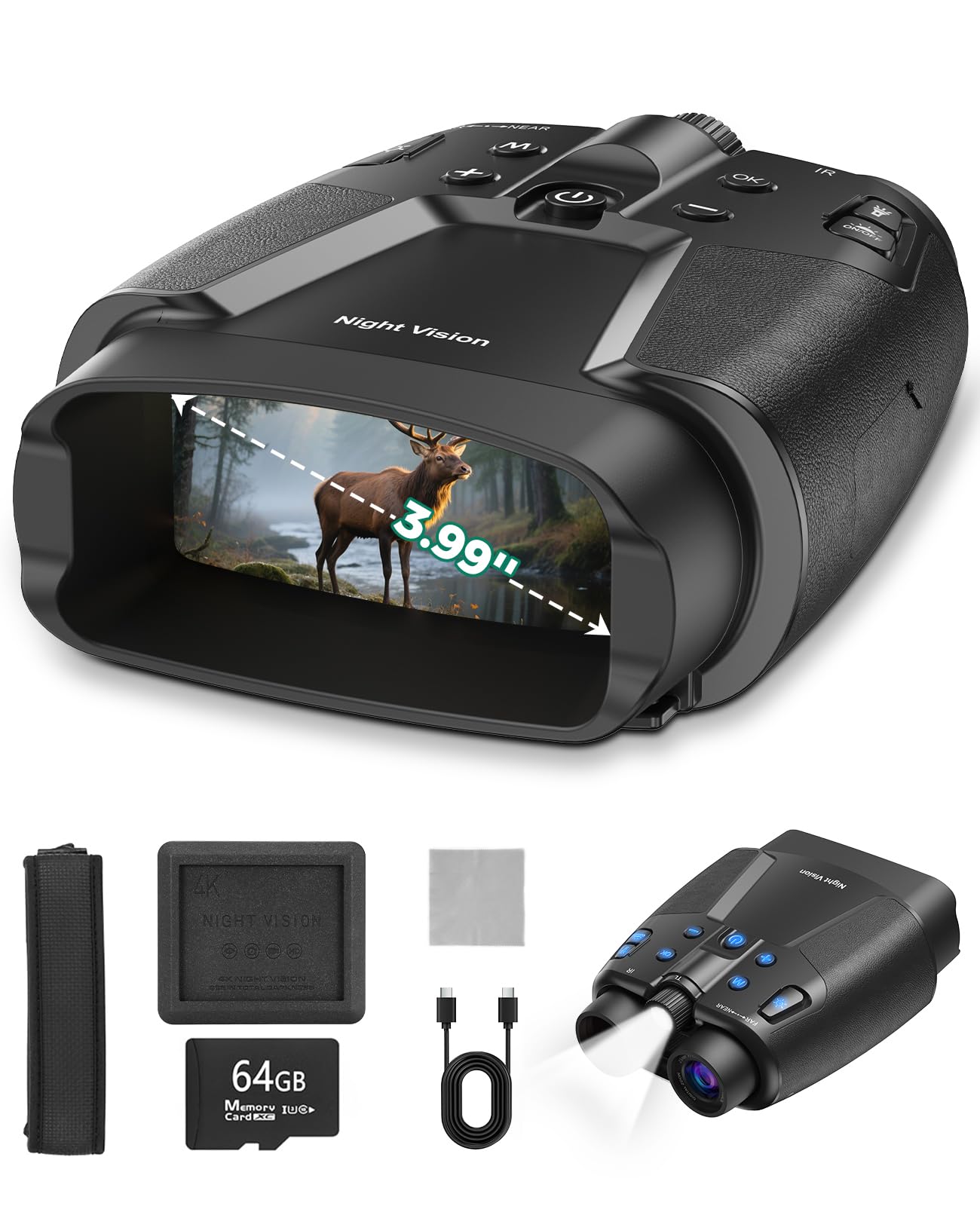 Night Vision Goggles for Adults, 3.99" HD Screen & 10000mAh Rechargeable, 4K Night Vision Binoculars with 64GB Card for Hunting Camping Surveillance
