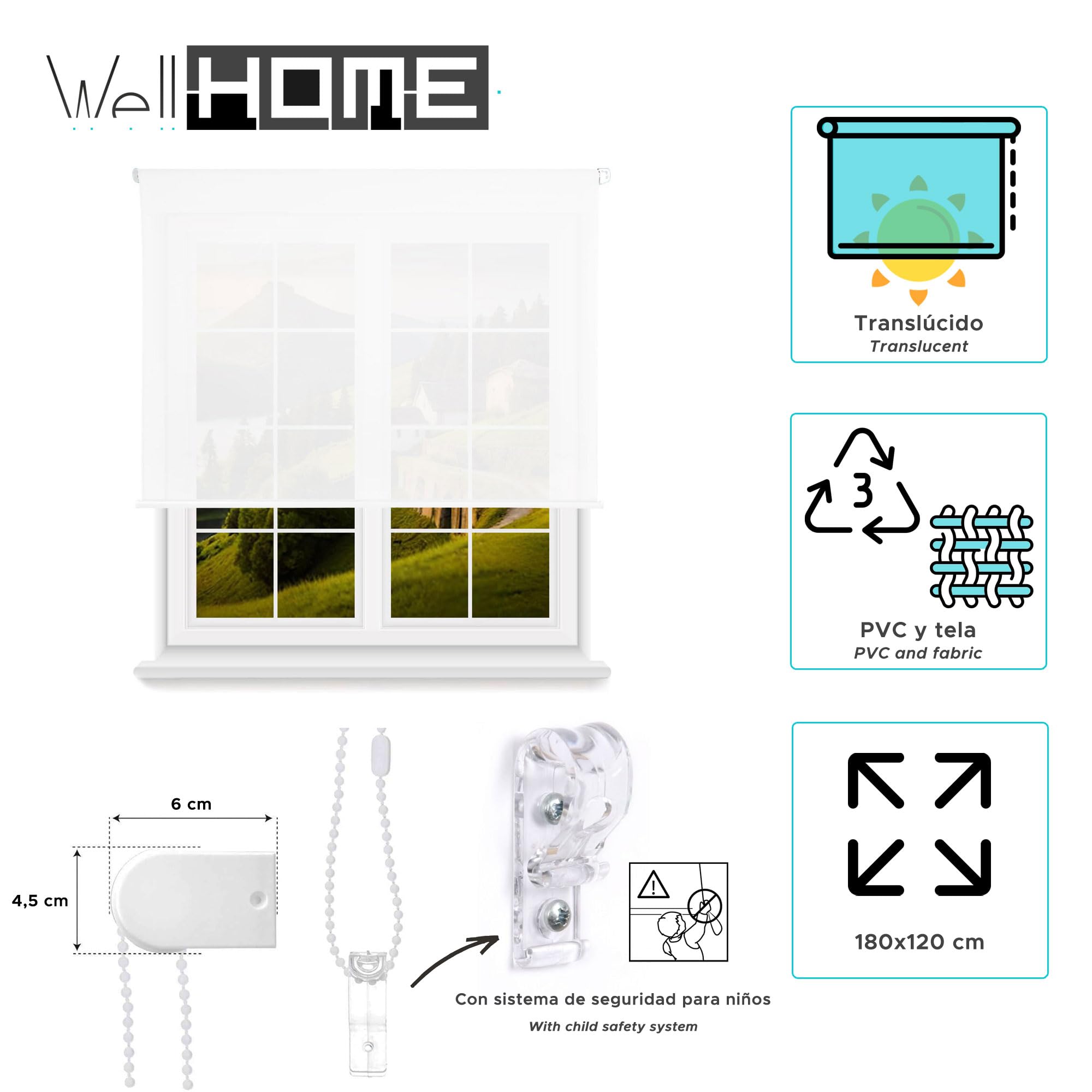 Store Enrouleur translucide uni Blanc 180 x 120 cm Dimensions du Tissu 177 x 115 cm