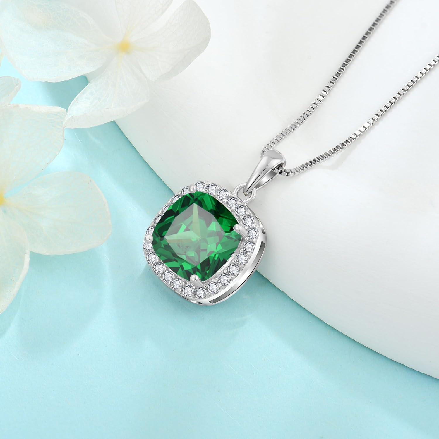 Birthstone Necklace for Women 925 Sterling Silver Princess Cut Halo Necklace Pendant Jewelry Gifts for Her - Image 5