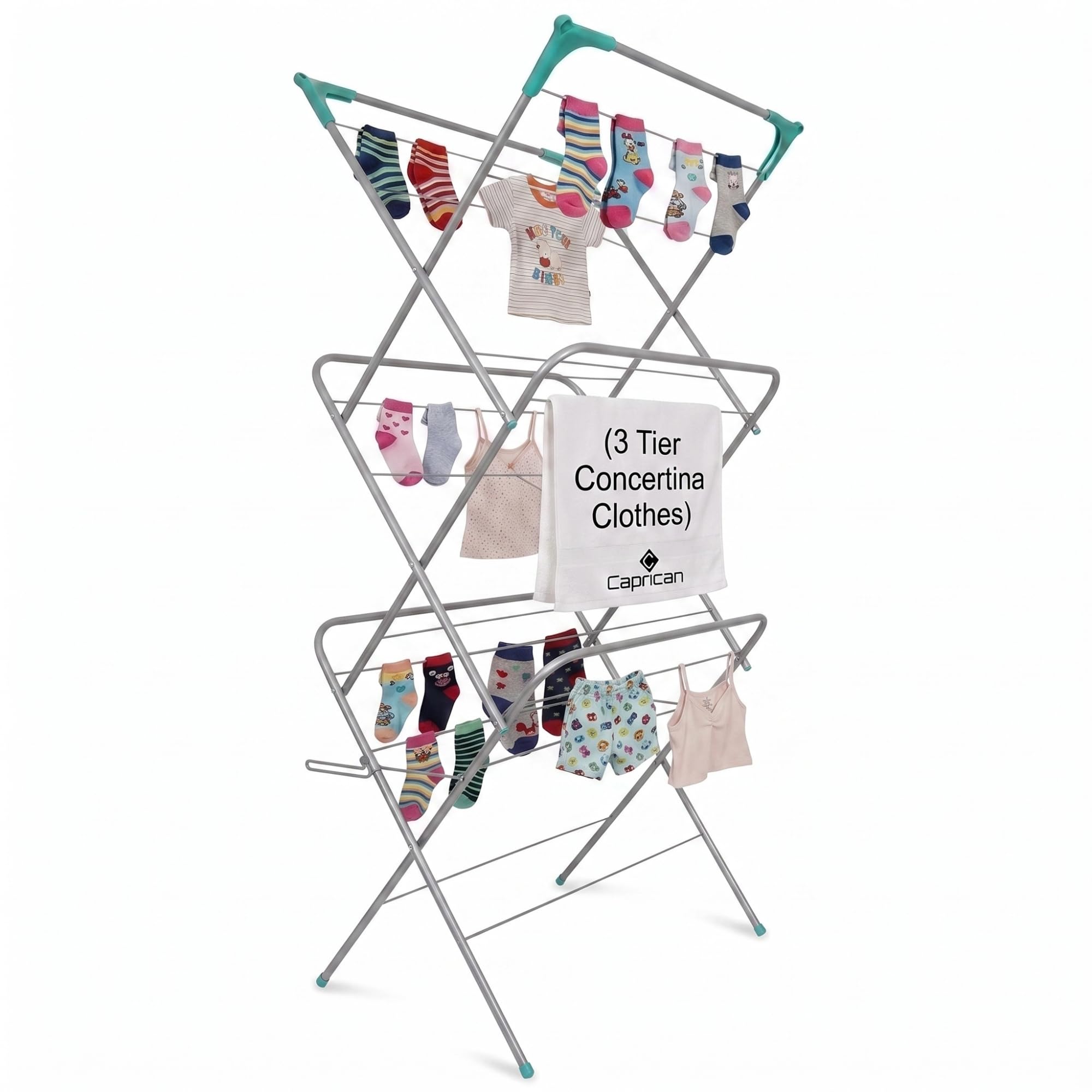 caprican 3 Tier Concertina Clothes Airer Grey Foldable Laundry Rack | 3 tier concertina clothes airer with hanger slots, non-slip feet and fold-flat storage for indoor and outdoor laundry drying