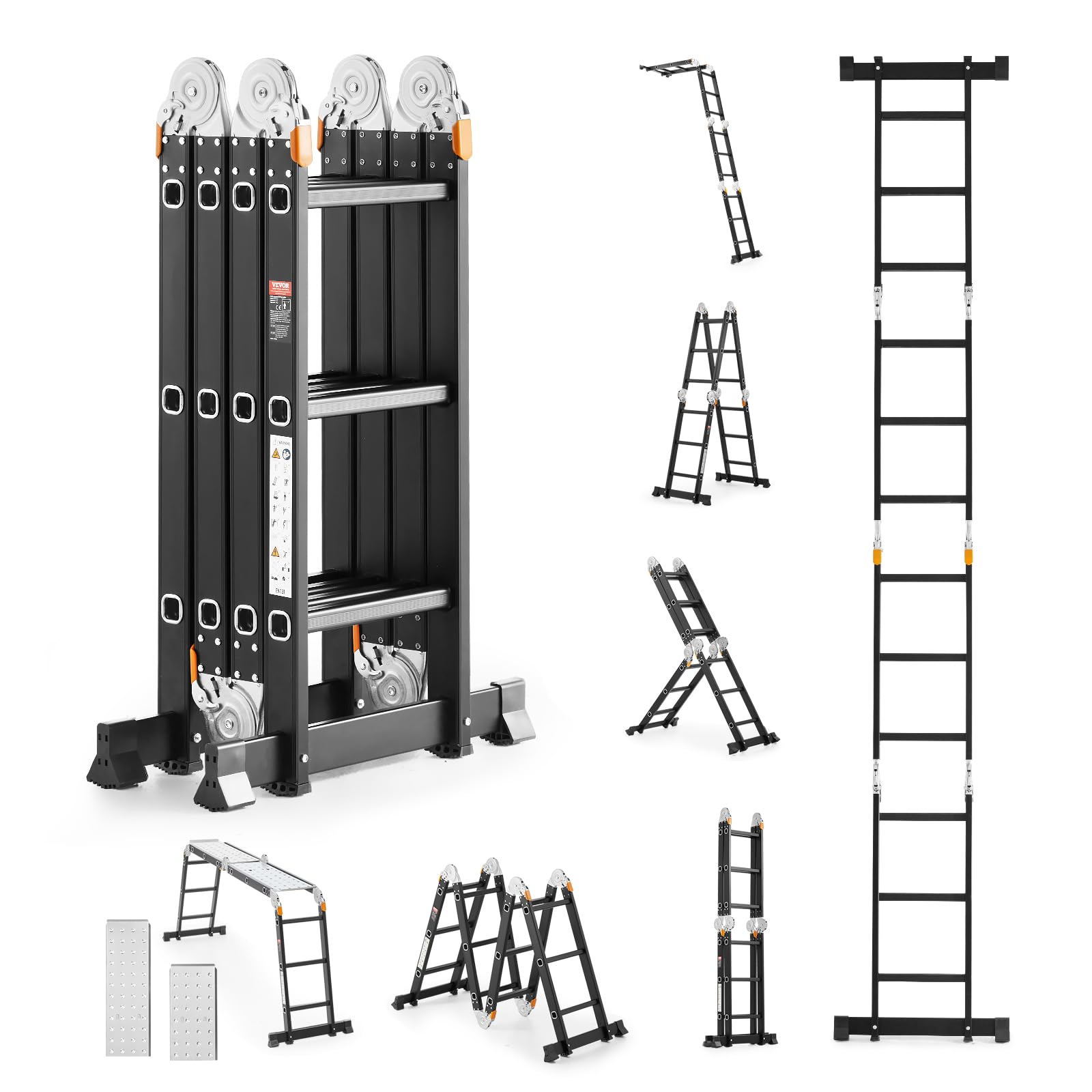 VEVOR Escalera Plegable Multiusos, Escalera Extensible Alta 7 en 1, Estructura en A de 3 Escalones con Tablones de Andamio, Capacidad de 149,7 kg para el Hogar y el Exterior, 1170 x 608 x 1730 mm