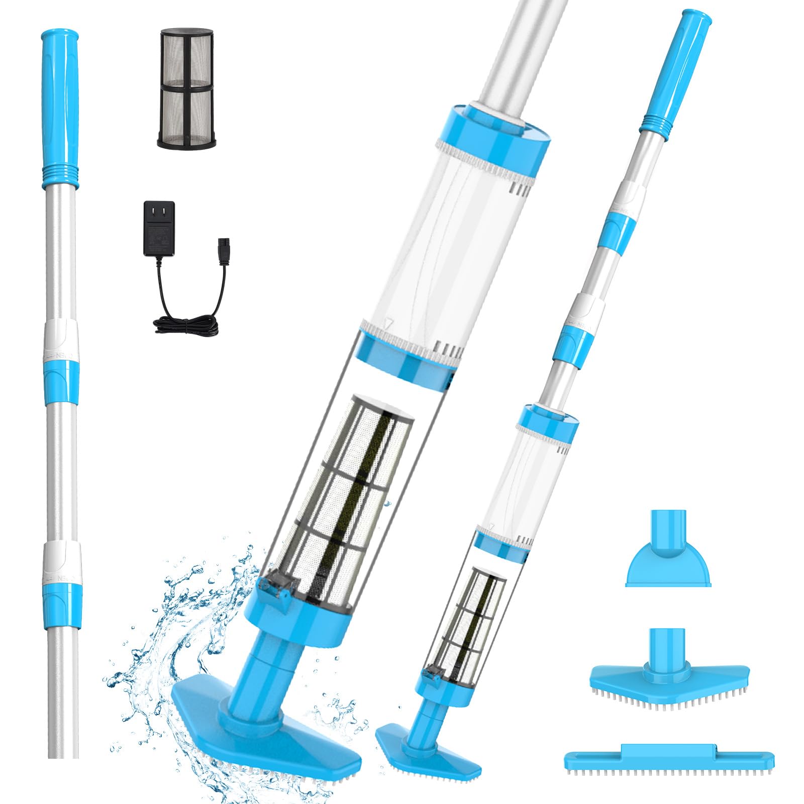 Aspirador de Piscina a Bateria, 3 en 1 Limpiafondos para Piscina Inalámbrica con Mango Telescópico, Aspiradora Manual para SPA, Piscina Pequeñas, 90 Minutos Limpieza, Blanco