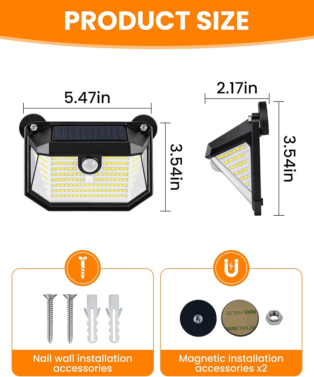178 LED Magnetic Solar Lights Outdoor, 800LM Solar Motion Lights Outdoor with 2 Strong Magnets, IP65 Waterproof Solar Security Light for Metal Fence, Railing, Deck, Chain Link 4 Pack
