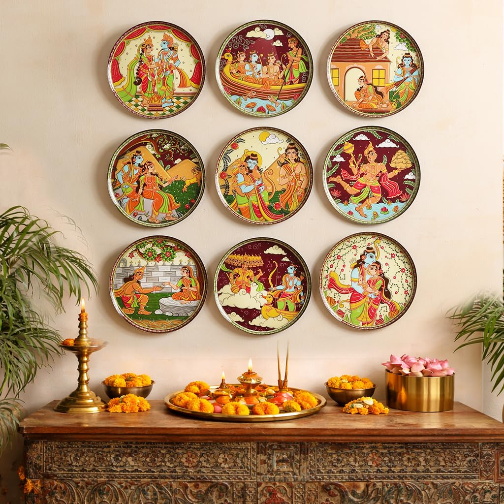 Photo 1 of Ritualistic Ramayana Wall Plates Set of 9 | 10" Each | Complete Epic Journey from Ayodhya to Lanka | Metal Pattachitra Wall Sculpture | Ram Darbar,Sita Haran,Hanuman | Living Room Spiritual Décor Gift