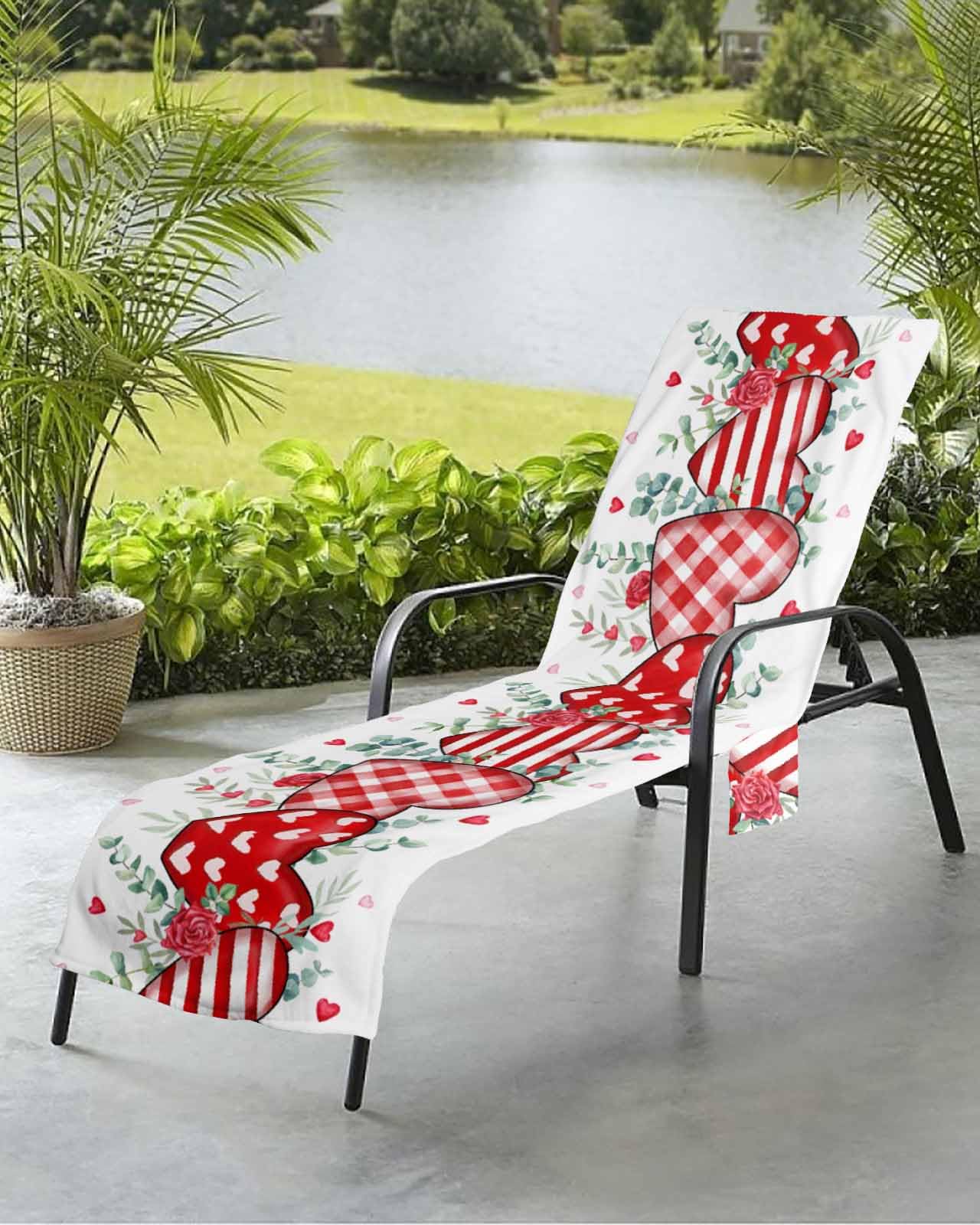 Valentine's Retro Love Beach Chair Towel Covers for Chaise Lounge with Side Pocket, Soft Plush Pool Towels Cover for Patio Sunbathing Outdoor 29''x85'' Green Eucalyptus Leaves Plaid