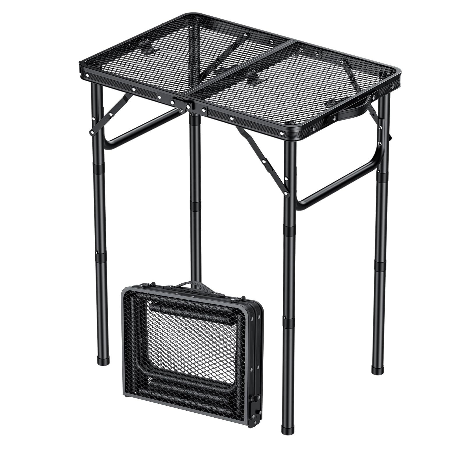 HOMGEN Tavolo da Campeggio Pieghevole con Piano Rete da 58x40cm Tavolino da Giardino in Alluminio con 3 Altezze Regolabili (25/50/70cm) Tavolo da Picnic Regolabile Piano in MDF per Barbecue, Pesca