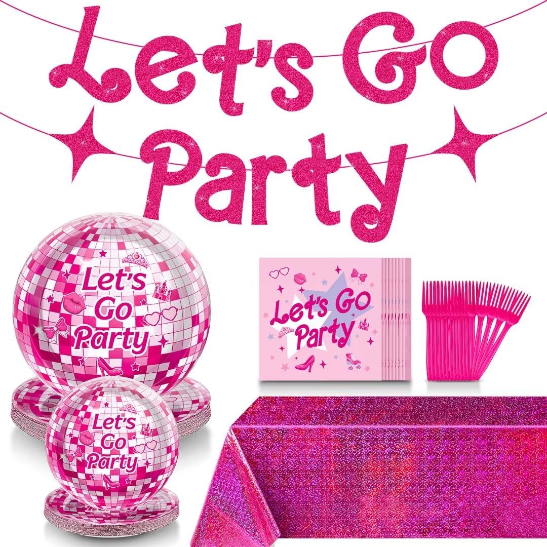 Lets Go Party Decorations, Princess Party Tableware Set Includes Lets Go Party Banner Pink Princess Table Cloths Pink Princess Plates and Napkins for 24 Guests, Princess Party Decorations