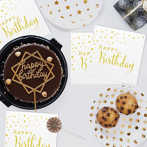 Miniatura 5 de DYLIVeS Servilletas doradas de cumpleaños, servilletas de cumpleaños con puntos blancos y dorados, servilletas de papel desechables para fiestas de
