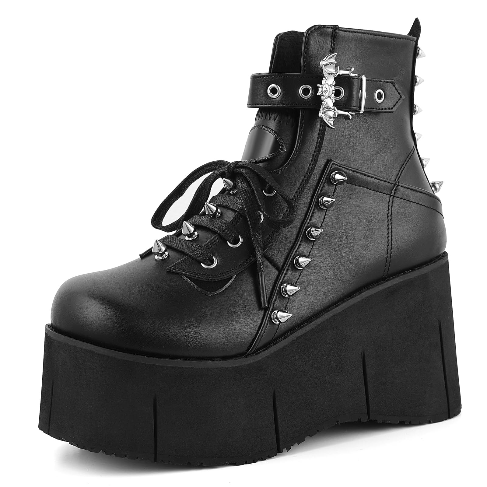 TscoyukiStuds Platform Boots for Women Goth Rave Boots Round Toe Chunky Wedge Heel Combat Ankle Boot w/Side Zip Buckle Booties for Concert