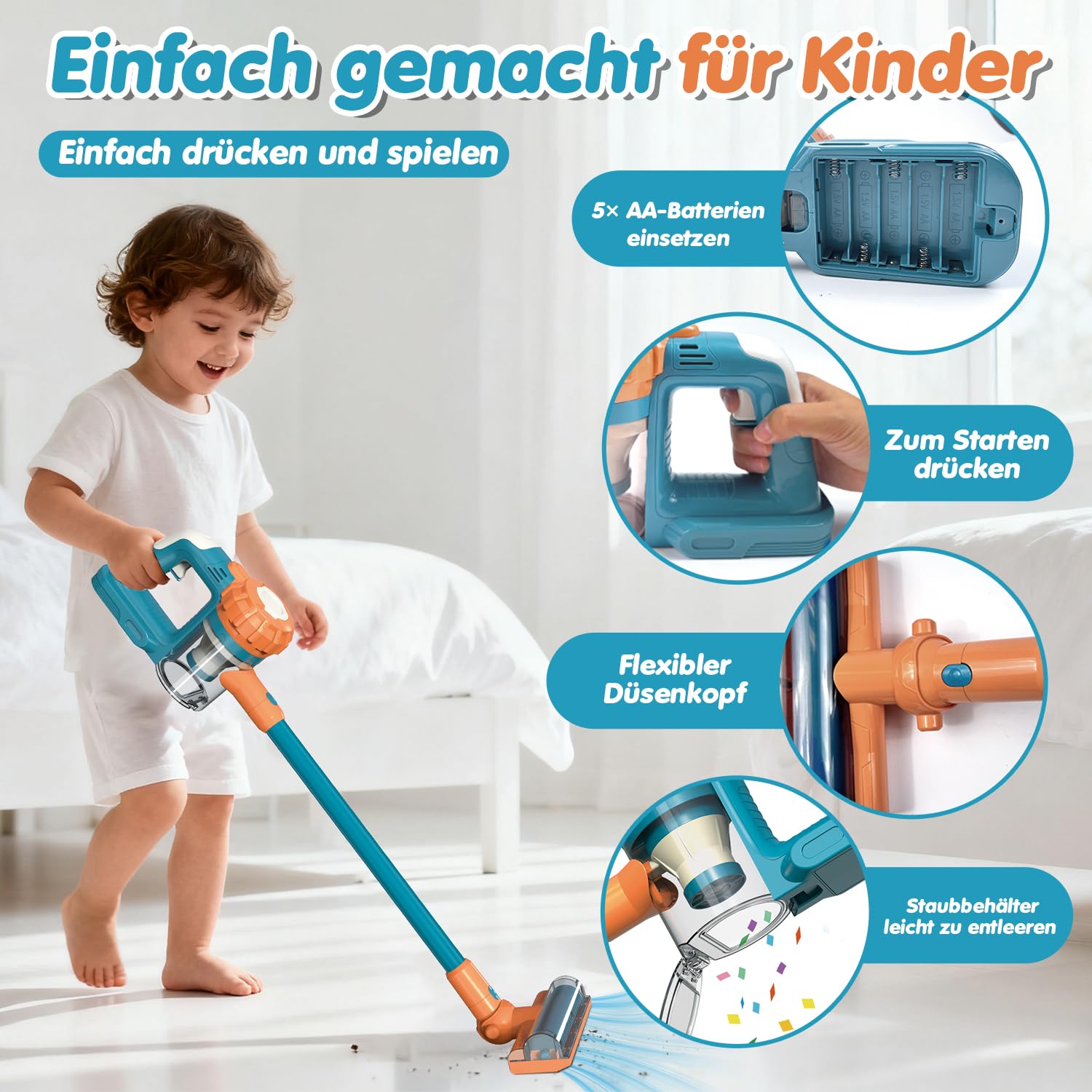 VARANO Spielzeug-Staubsauger für Kinder, Kinderstaubsauger mit echter Funktion, Staubsauger-Spielzeug ab 3 Jahren, Realistischer Staubsauger für Kinder, Haushaltsspielzeug für Jungen und Mädchen