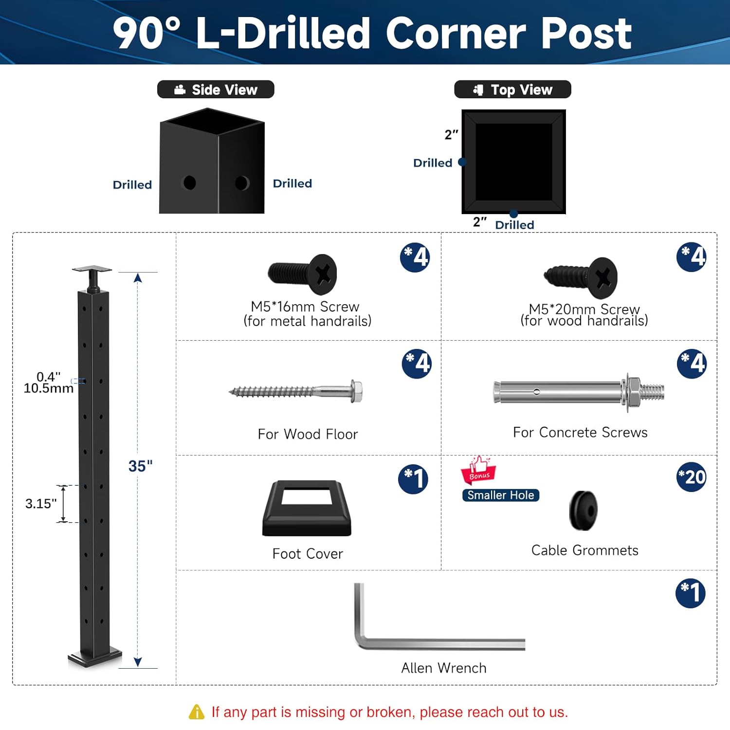 36" Corner Post Cable Railing, Upgrade Adjustable Top Bracket 90° L-Drilled Corner Wire Railing Post, Matte Black T304 Stainless Steel Corner Handrail Post for Indoor Outdoor Corner Project