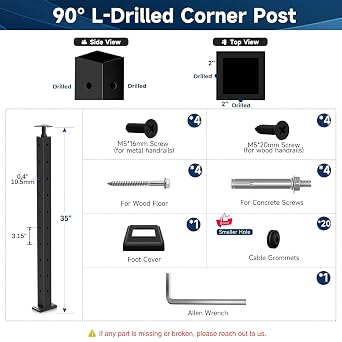 36 Modular Black Cable Railing Corner Post, L-Drilled Two-Side Hole
