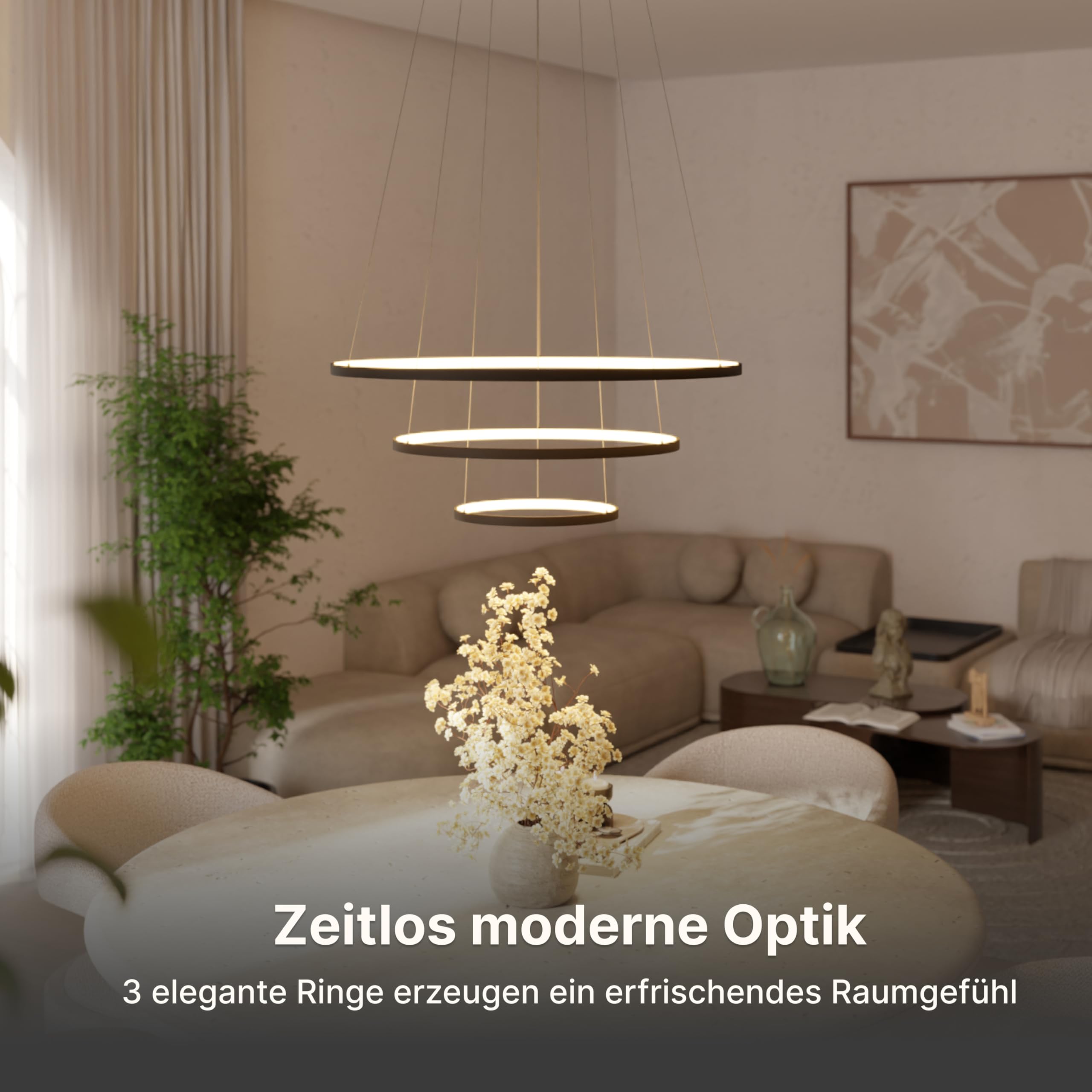 Deckenleuchte Pendelleuchte 'Omeva' dimmbar LED 3 Ringe Wohn & Esszimmer Moderne Hängelampe Esstisch Smart Home Amazon Alexa Google Home Tuya schwarz