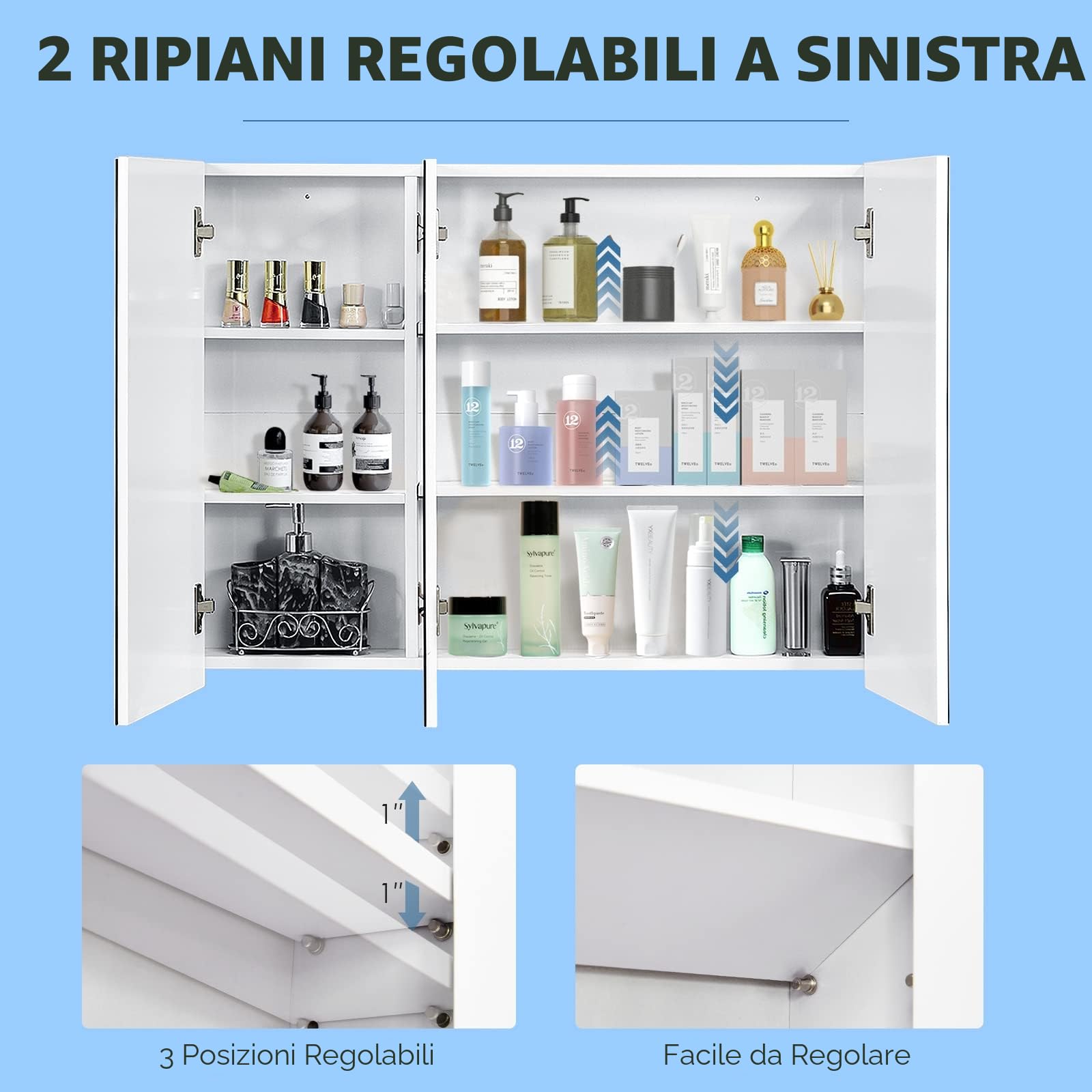 LIFEZEAL Mobiletto Bagno Salvaspazio con Contenitore, Specchio HD, Pensile Bagno Sospeso Bianco, Specchiera da Muro a 3 Ante, Armadietto, Mobile con 3 Ripiani, Moderno, in Legno (90x11x65 cm)