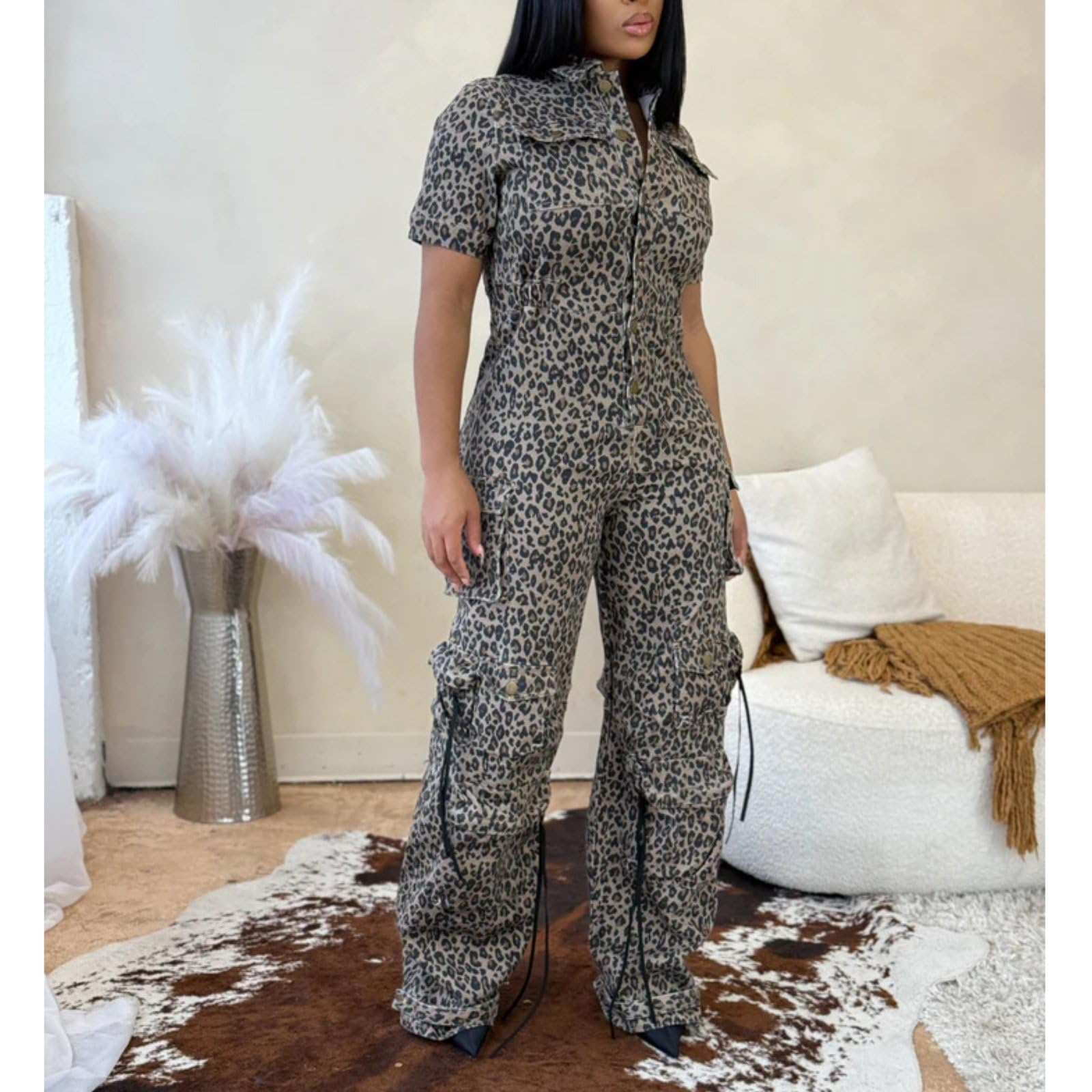 Modny kombinezon cargo dla kobiet Leopard Print Lapel Button Workowate pajacyki z kieszeniami