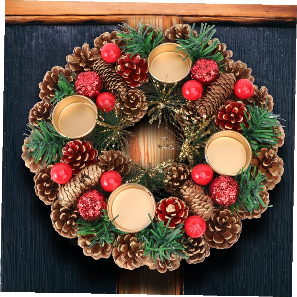 Cabilock Handmade Christmas Candleholder Wreath 27cm Stylish Evergreen Garland Decorative Desktop Candlestick for Holiday Table Centerpiece