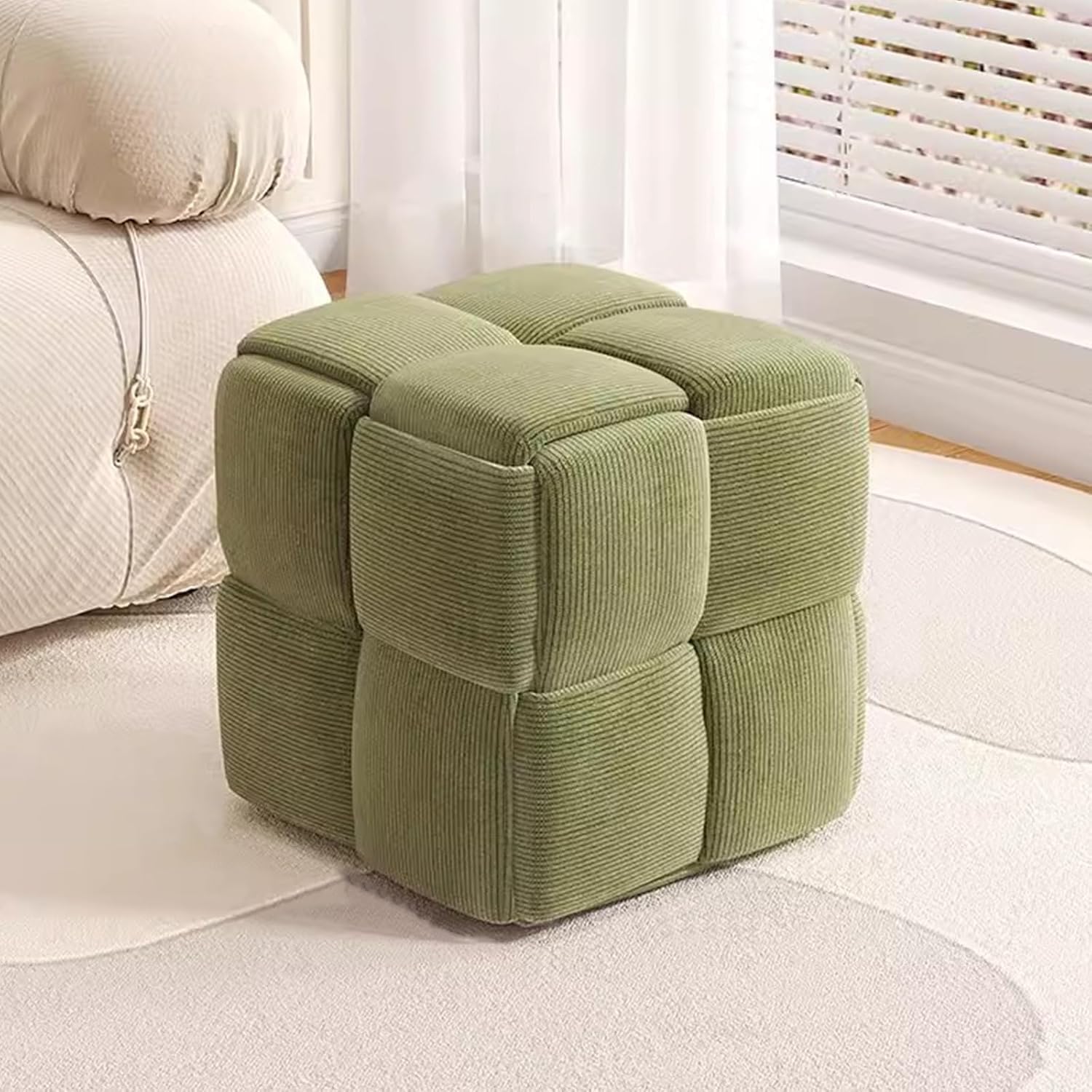Tabouret rembourré élégant en velours côtelé tressé vert, pouf ottoman carré haut de gamme